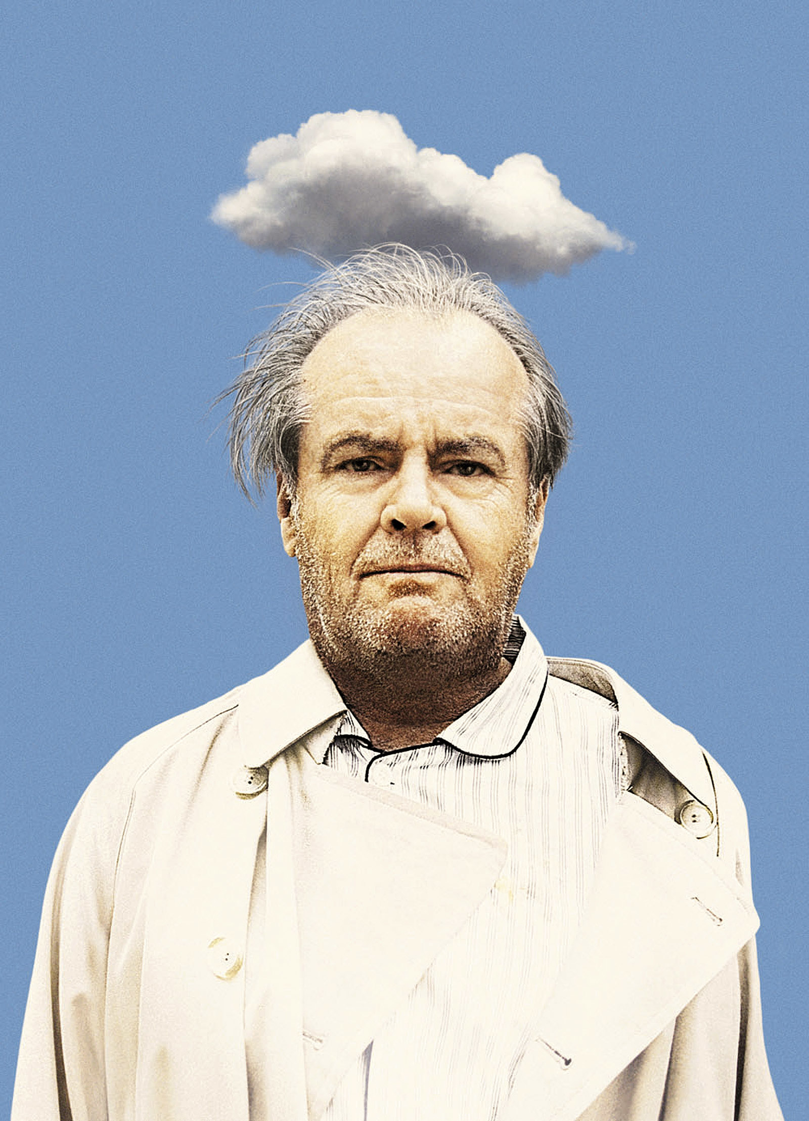 Illustration of a disheveled man with a small cloud above his head, striking a contemplative pose