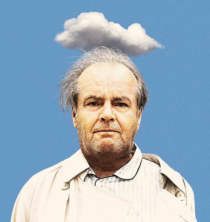 Illustration of a disheveled man with a small cloud above his head, striking a contemplative pose