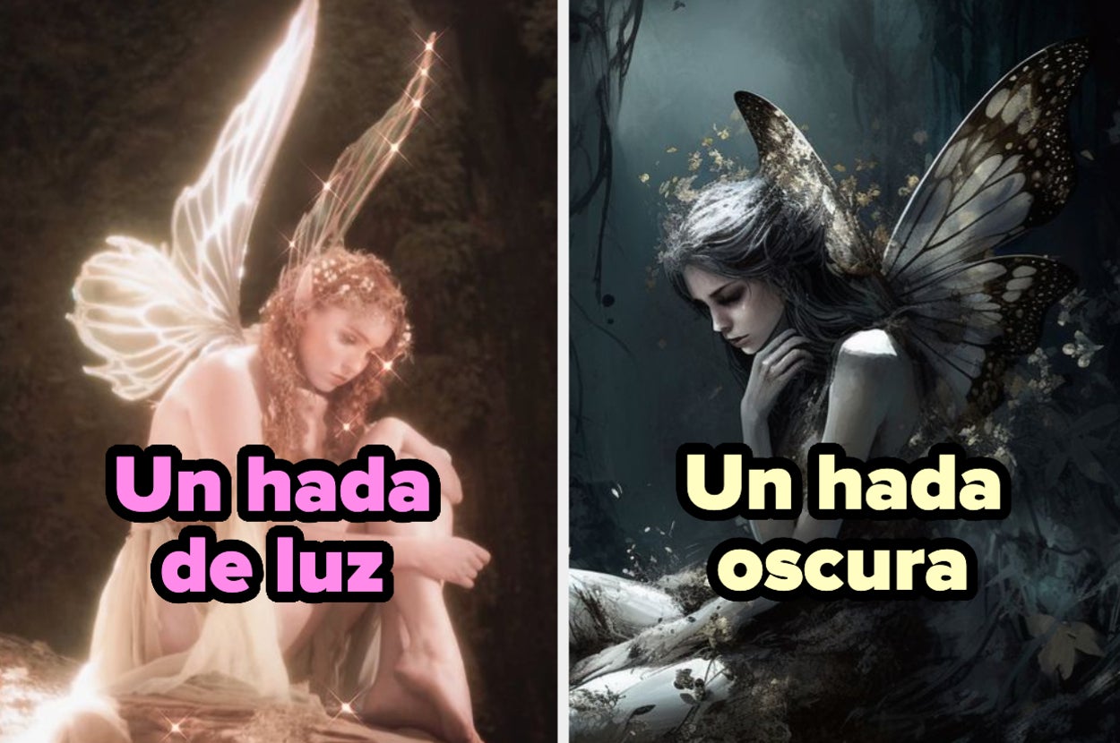 Dos hadas estilizadas: una iluminada y otra sombría, en entornos de bosque