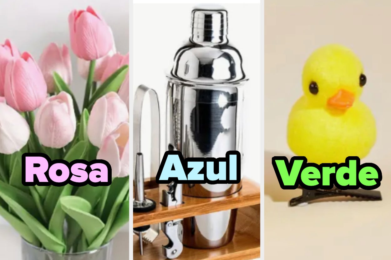 Imagen collage con tres elementos: un ramo de tulipanes, una coctelera en una estantería y un patito de goma, cada uno con la etiqueta de un color incorrecto