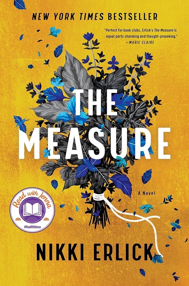 Cover of &quot;The Measure&quot; by Nikki Erlick with floral graphics and a &quot;Read with Jenna&quot; sticker