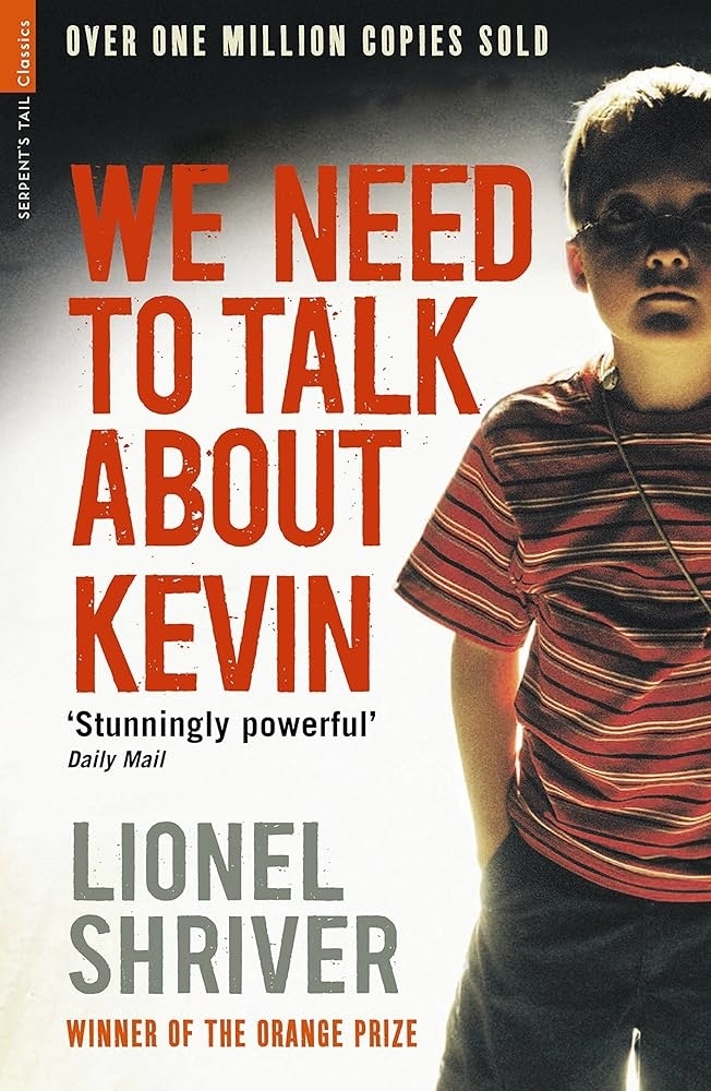 Cover of &quot;We Need to Talk About Kevin&quot; shows a young boy with arms crossed and a stern look