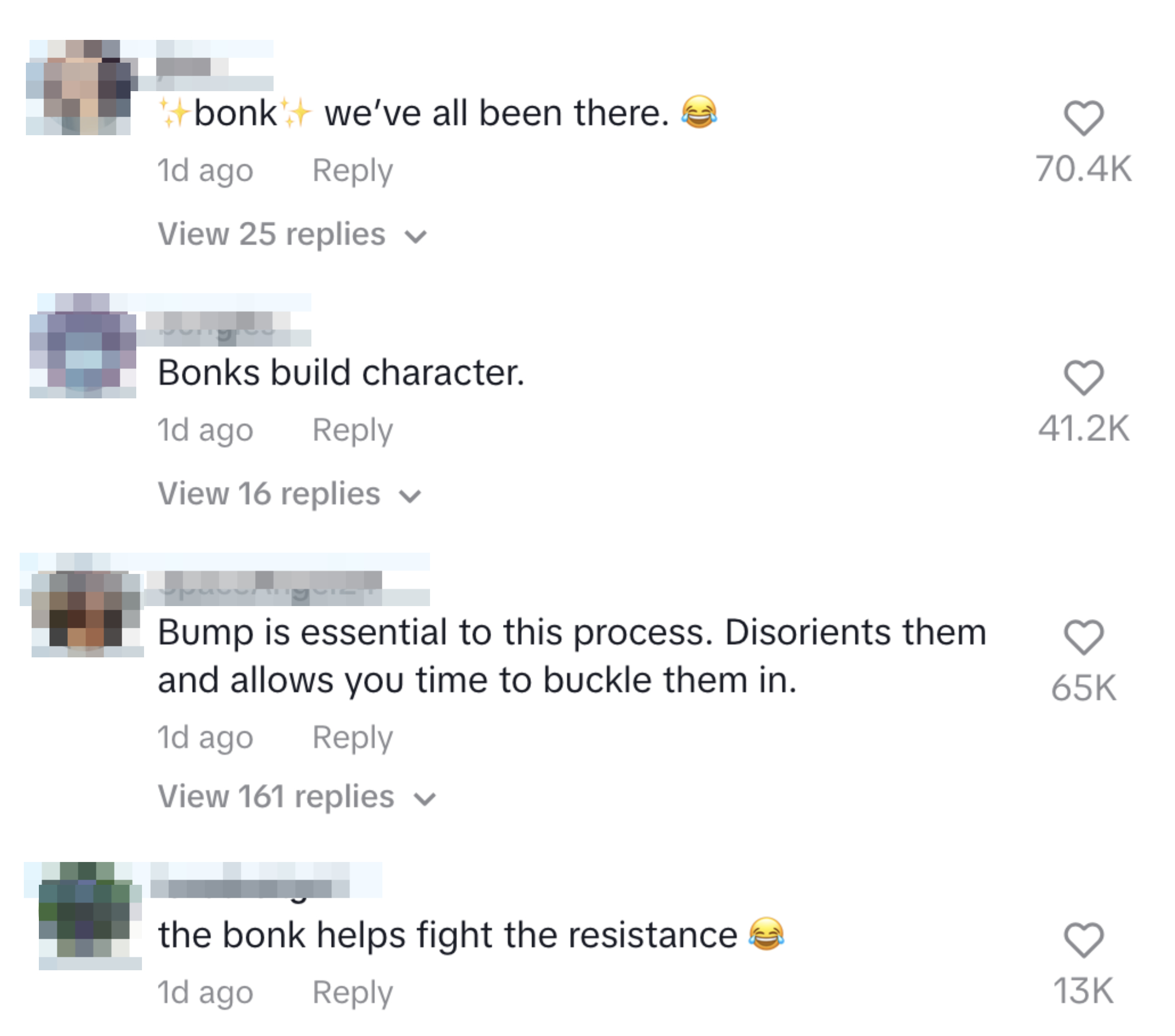 Screenshot of social media comments with emoji reactions, discussing humorous takes on personal growth through challenges, like &quot;Bonks build character&quot; and &quot;the bonk helps fight the resistance&quot;