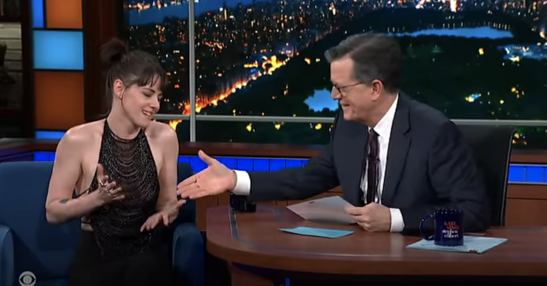 Kristen Stewart and Stephen Colbert talking