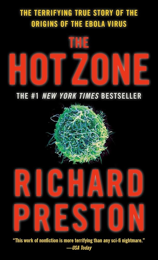 Book cover of &quot;The Hot Zone&quot; with a title, an illustrated virus, and author Richard Preston&#x27;s name