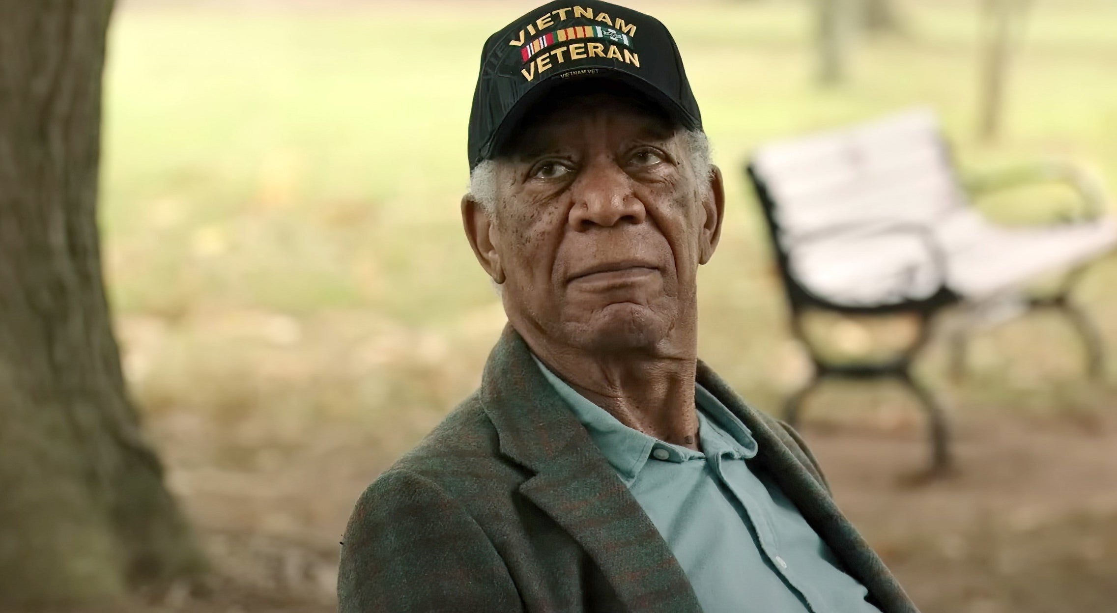 Elderly man wearing a &#x27;Vietnam Veteran&#x27; cap sitting in a park, looking thoughtful