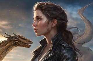 Illustration of a woman with braided hair next to a dragon with a cloudy sky background