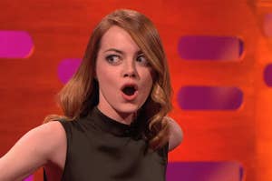 Emma Stone expressing surprise on a talk show, seated with hand extended
