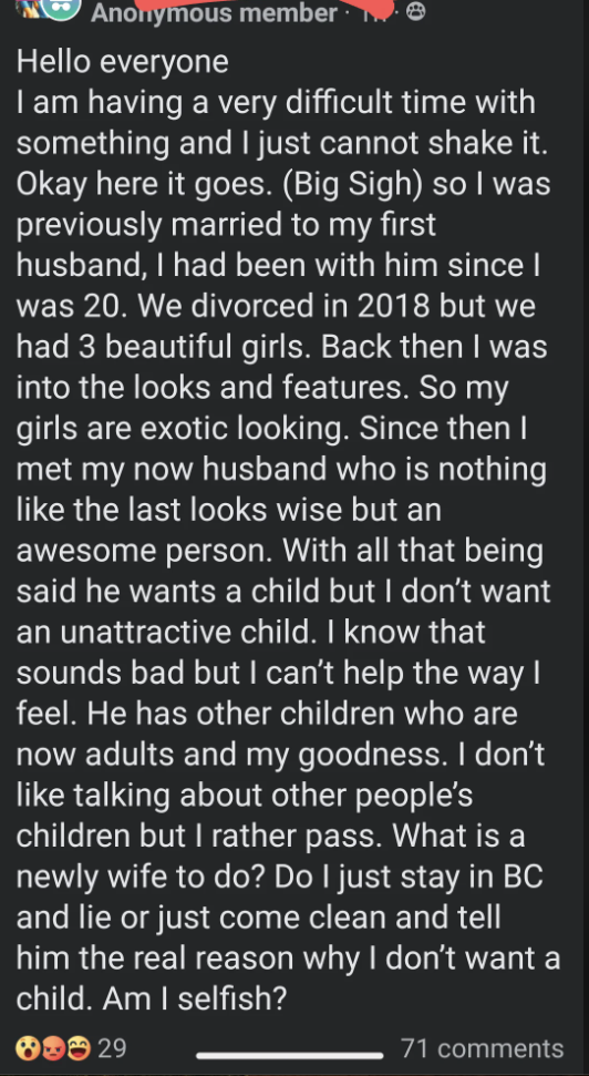 anonymous facebook post about a parent worried about having ugly kids