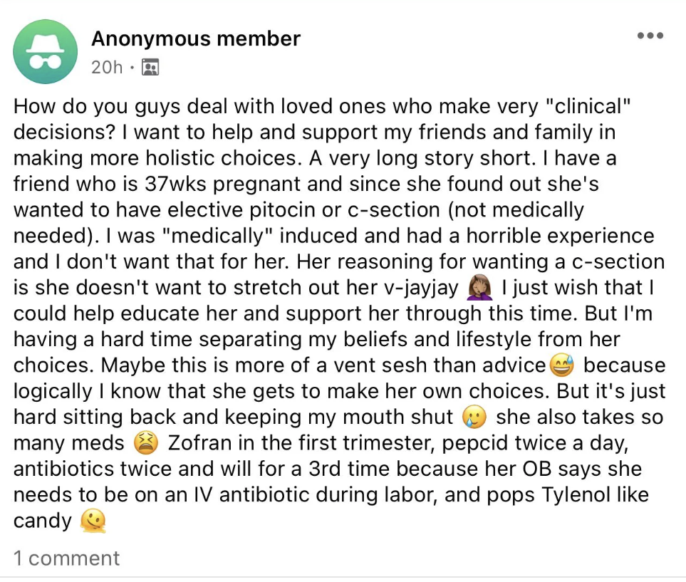 anonymous facebook post from a mom judging a pregnant friend&#x27;s health choices