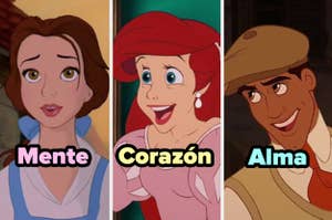 Imagen de tres personajes animados: Bella, Ariel y Aladdín, con palabras "Mente, Corazón, Alma" sobre cada uno