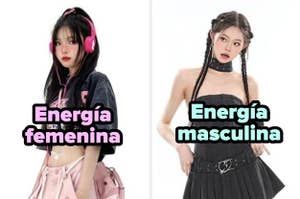 Mujer en dos poses, izquierda con auriculares rosas y derecha con chaleco negro; textos "Energía femenina" y "Energía masculina"