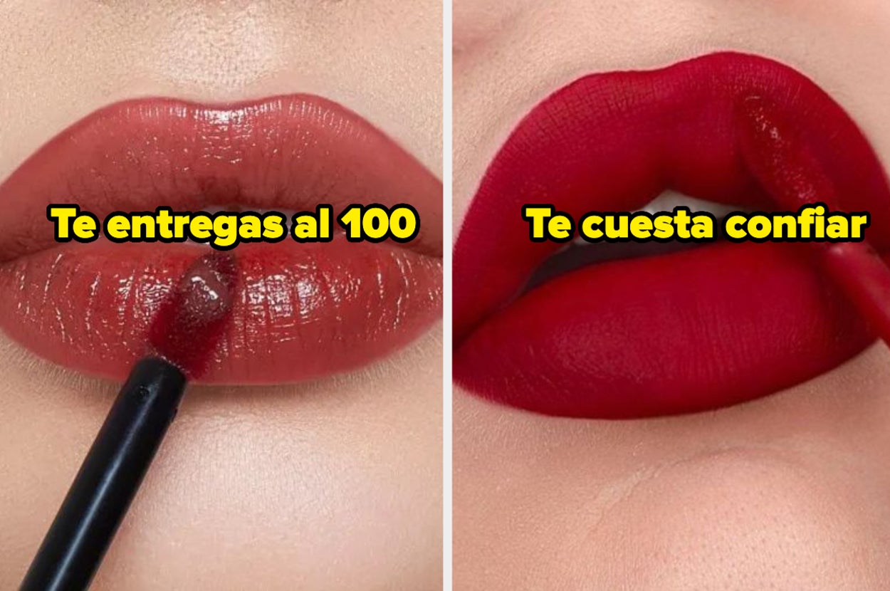 Primer plano de labios con brillo a la izquierda y mate a la derecha con frases sobre la confianza
