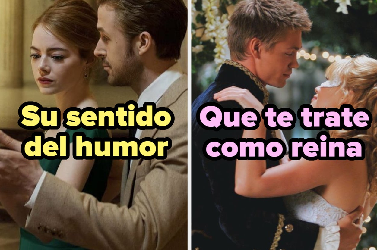 Imagen dividida con texto, izquierda: pareja cine, derecha: pareja baile y texto "Que te trate como reina"