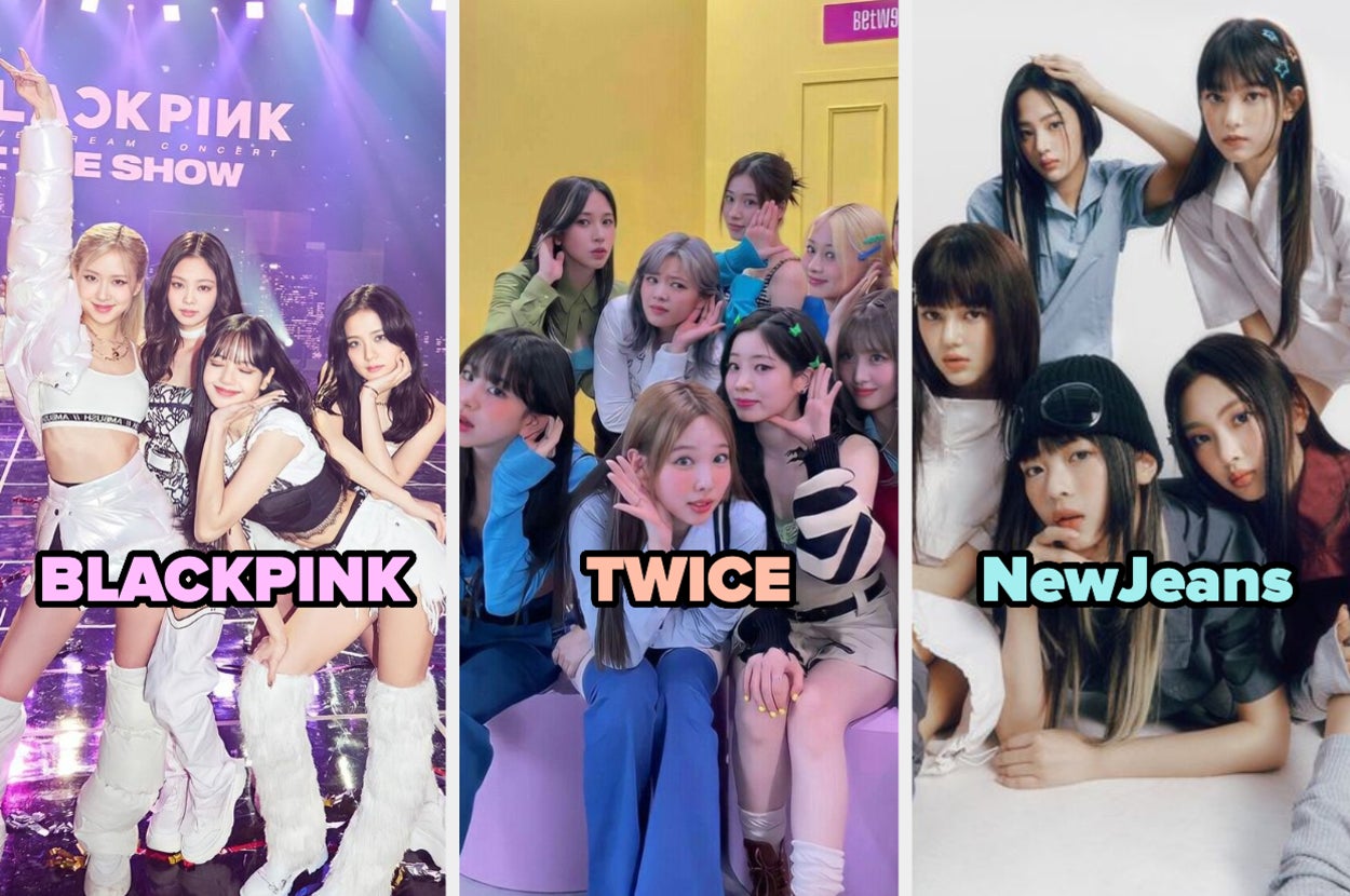 Grupo BLACKPINK posando en el escenario, grupo TWICE de pie en un pasillo, grupo NewJeans sentado