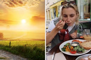 On the left, the sun rising over a field, and on the right, Emma Chamberlain eating breakfast at a cafe