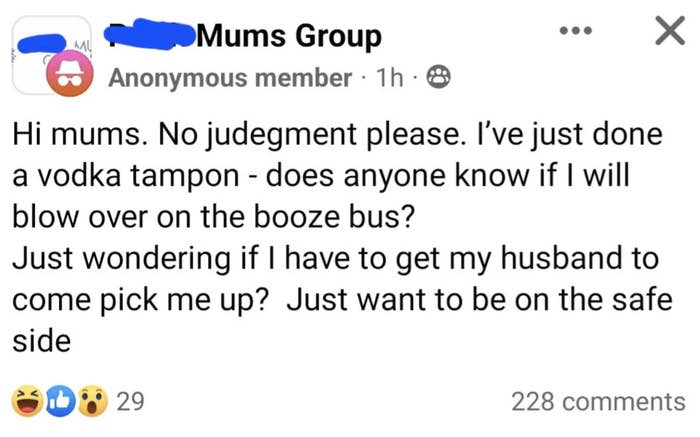 Screenshot of a social media post in a group named “Mums Group” asking about the effects of a vodka tampon