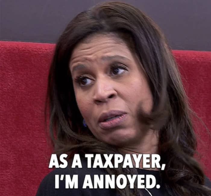 A person making a disgruntled expression with the caption "As a taxpayer, I'm annoyed."