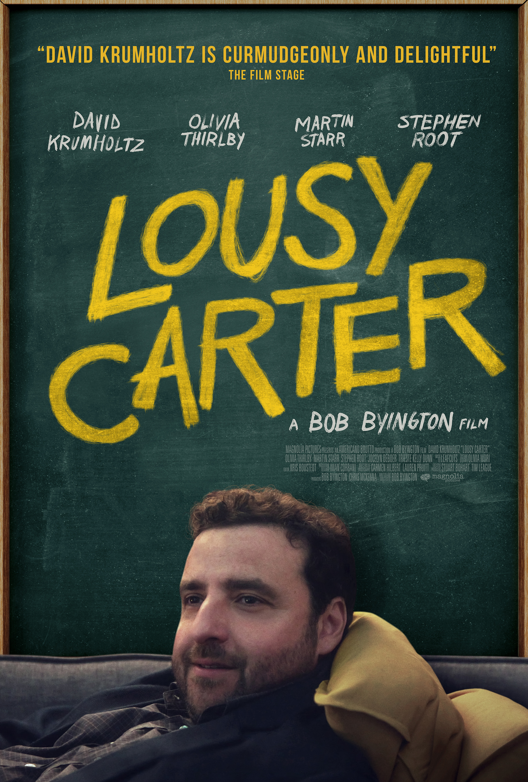 Movie poster for &quot;Lousy Carter&quot; featuring David Krumholtz reclining with text of cast and praise above