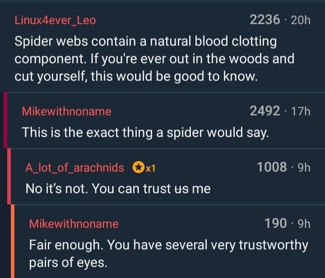 Summarized screenshot of online comments joking about trusting spiders, with humorous replies about spider traits