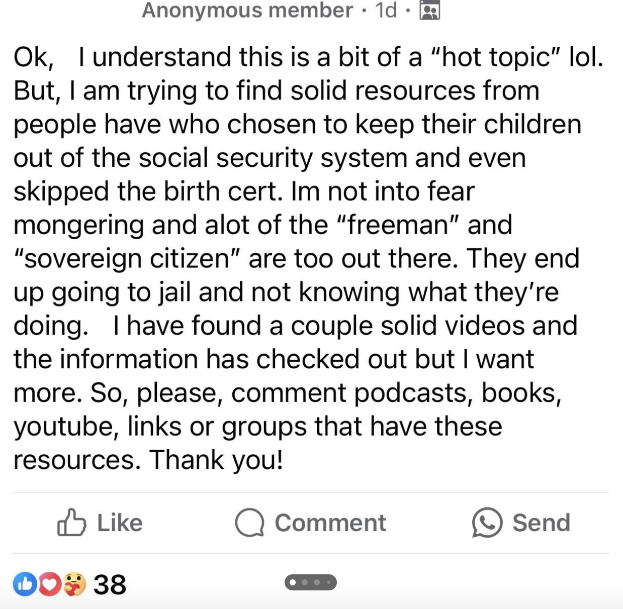 social media post where a user asks about systems and consequences related to birth certificates and sovereignty for their kid