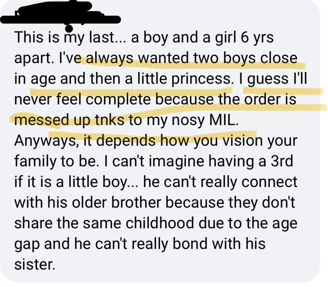Highlighted text on a mobile device discussing family dynamics and expressing a personal opinion on desired children&#x27;s genders