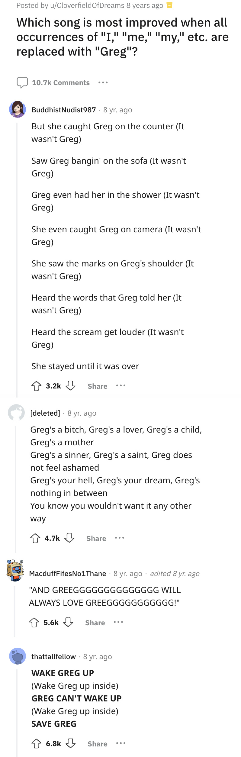 people replacing the lyrics to the song with the name greg