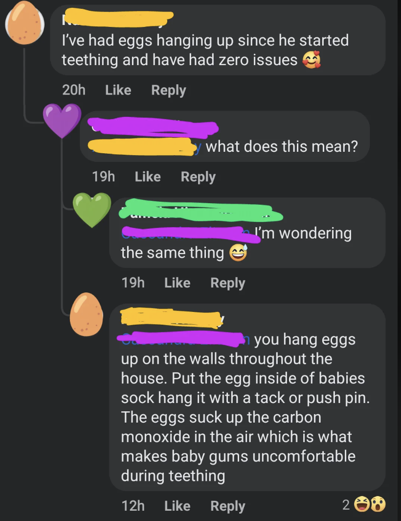 Text summaries from a social media post discussing confusion over an egg hanging practice to make a baby&#x27;s gums hurt less during teething