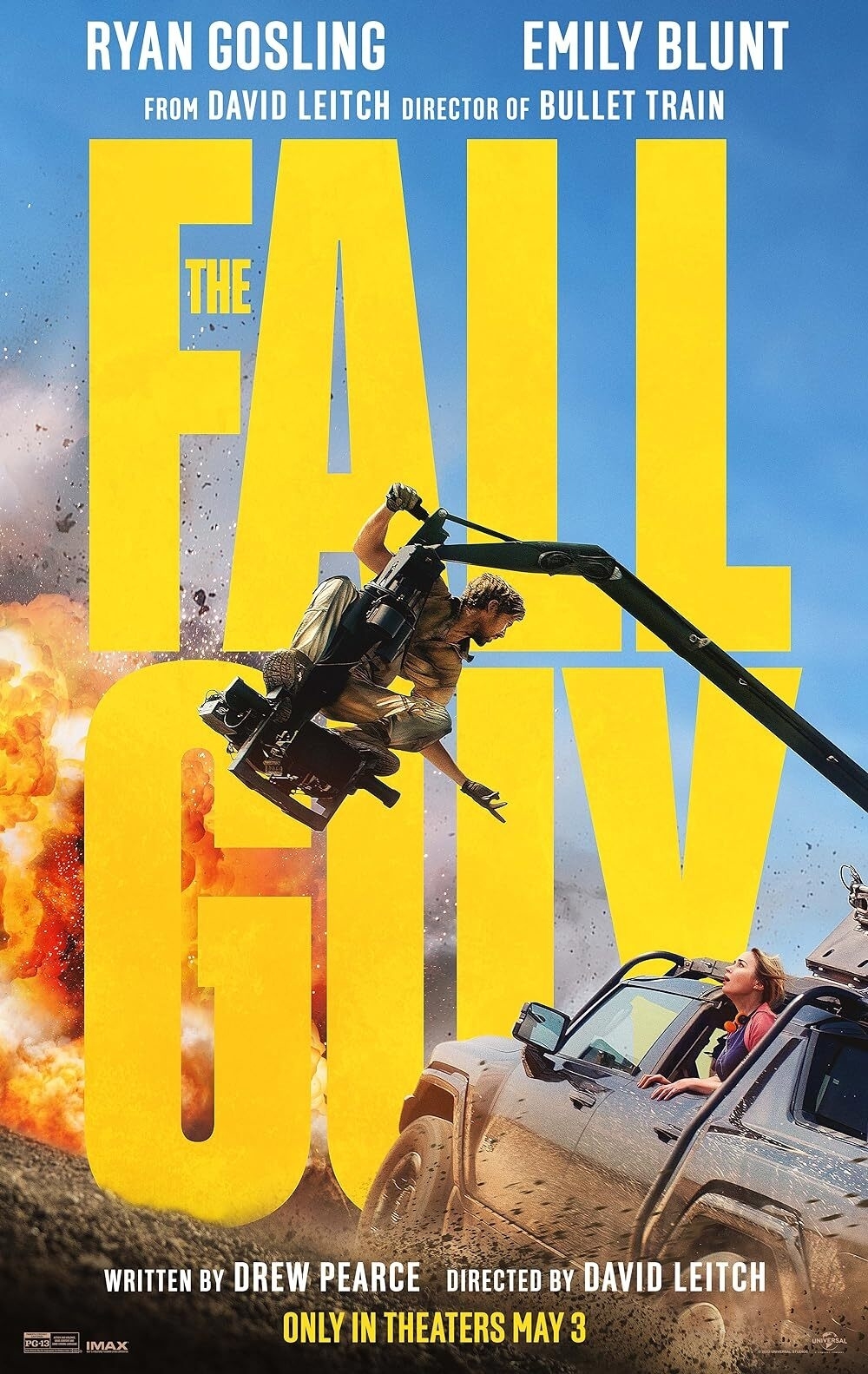 Movie poster for &quot;The Fall Guy&quot; showing Ryan Gosling and Emily Blunt in an action scene with an explosion. In theaters May 3