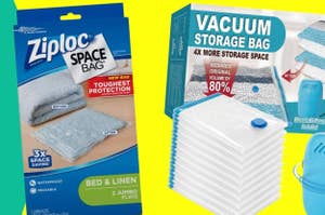 Advertisement for Ziploc space bags and vacuum storage bags for efficient clothing storage