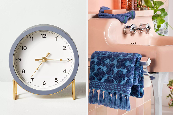 Two images: left shows a modern desk clock and right, a patterned blue towel on a bathroom rack