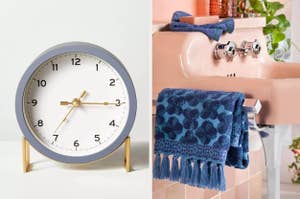 Two images: left shows a modern desk clock and right, a patterned blue towel on a bathroom rack