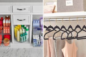 on left: clear storage bins with bathroom products under vanity, on right: black velvet hangers with clothes on closet rod