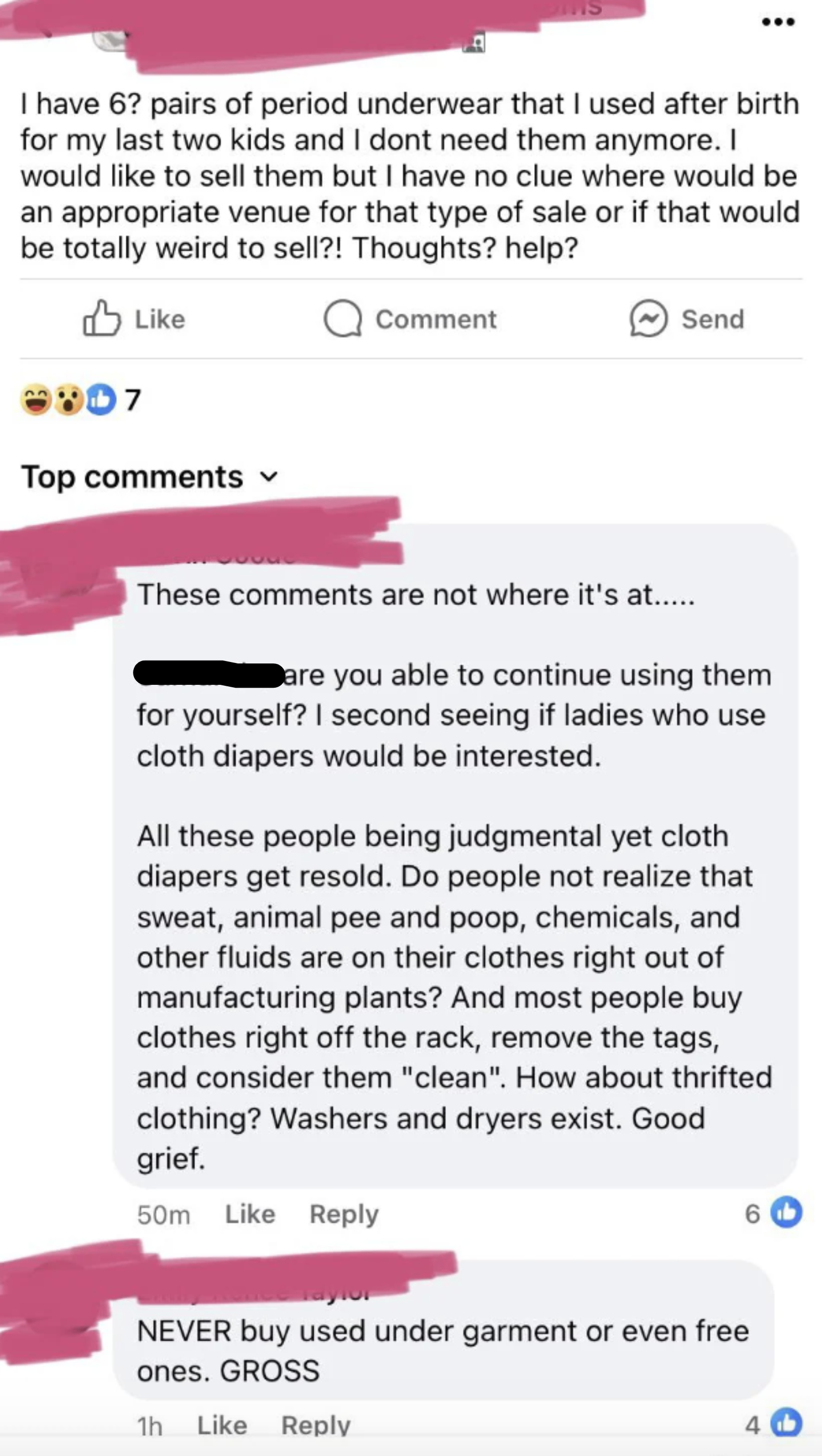 Facebook screenshot of a user discussing selling used period underwear; comments discuss the idea with mixed reactions