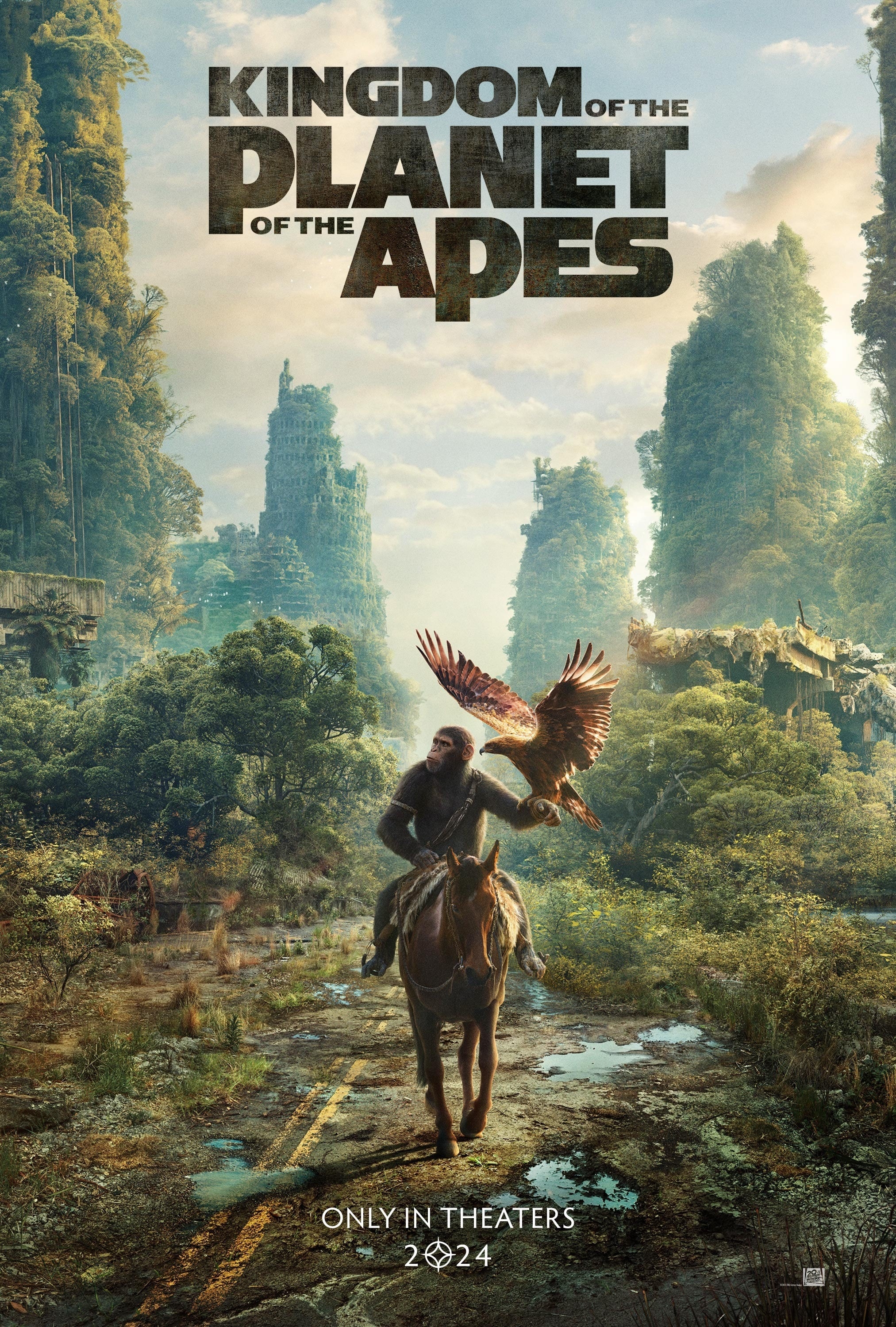 &quot;Poster for &#x27;Kingdom of the Planet of the Apes&#x27; showing a character on horseback with an eagle, in a lush, post-apocalyptic landscape.&quot;