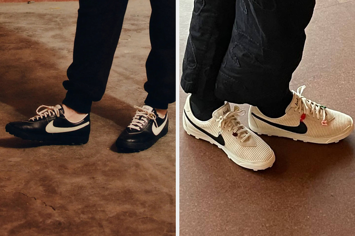 Two different people wearing stylish black and white sneakers