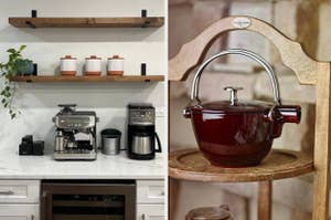 Modern kitchen appliances on marble countertop; Elegant red teapot on wooden stand. Perfect for home decor inspiration