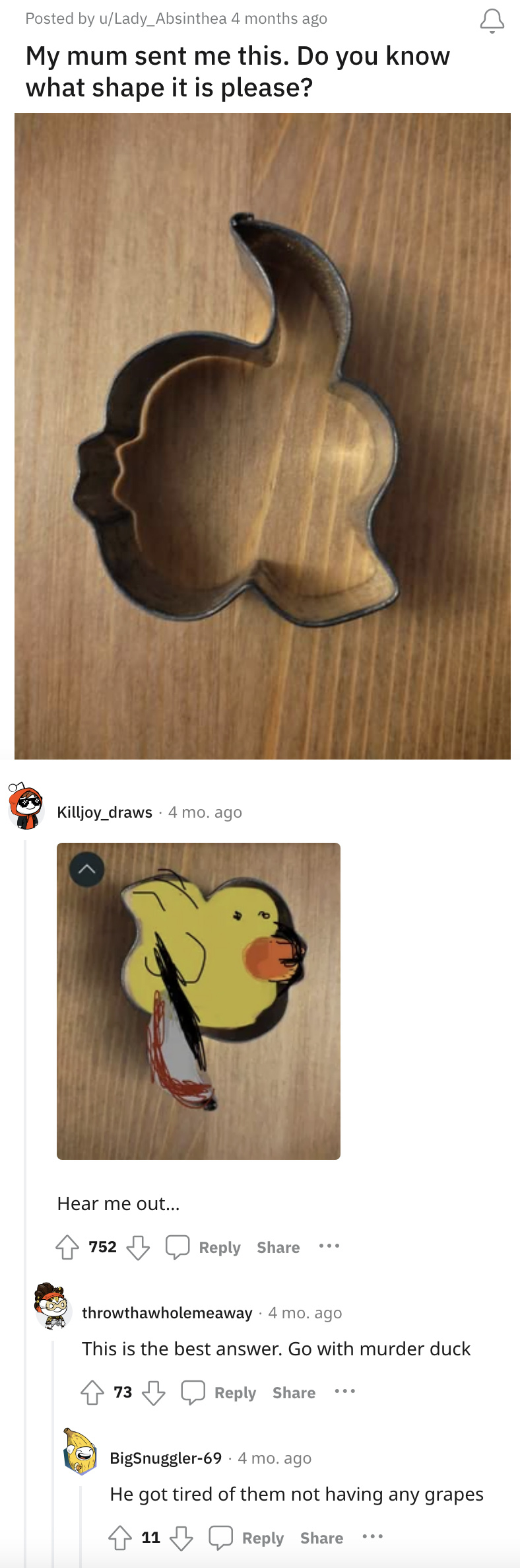 a cookie cutter shaped weirdly, something asking what&#x27;s the shape and another responding with a drawing of a duck with a knife