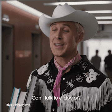 Man in cowboy attire with text from &quot;Barbie The Movie&quot; asking to talk to a doctor