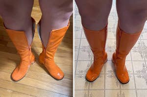 L: a reviewer photo of knee-high boots that won't zip up all the way, R: a reviewer photo of the same boots now zipped up all the way 