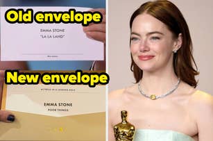 Comparison of old and new Oscar envelopes; Emma Stone photo with award