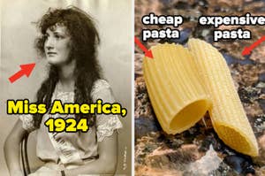 Left: Vintage photo of Miss America 1924. Right: Two types of pasta compared