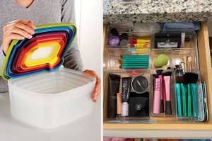 model holding nesting containers with rainbow color lid tops / reviewer's clear organizers in a drawer holding beauty products