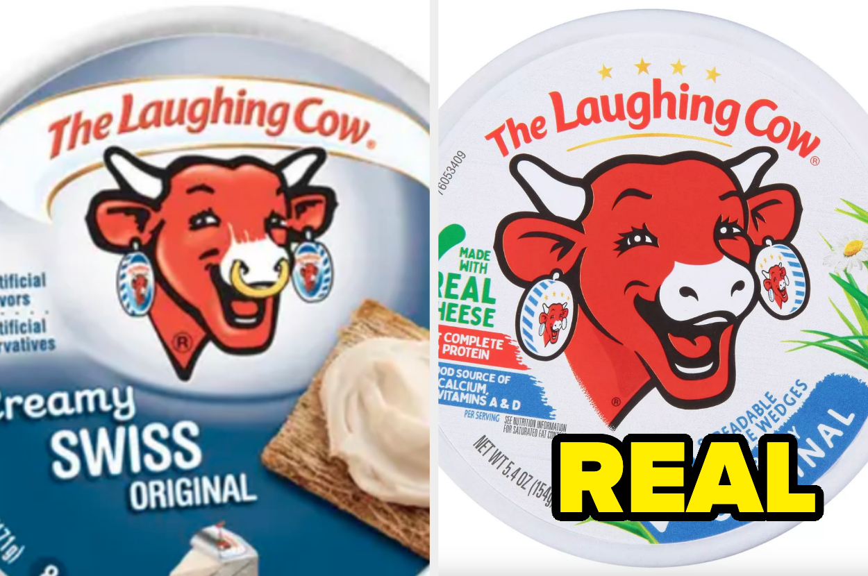 Package comparison of The Laughing Cow cheese with &quot;REAL&quot; label emphasizing authentic ingredients
