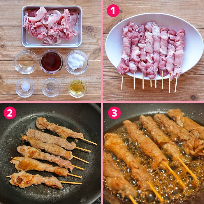 料理手順を説明する画像、豚肉を串に刺し調理の準備、焼く様子を示す。