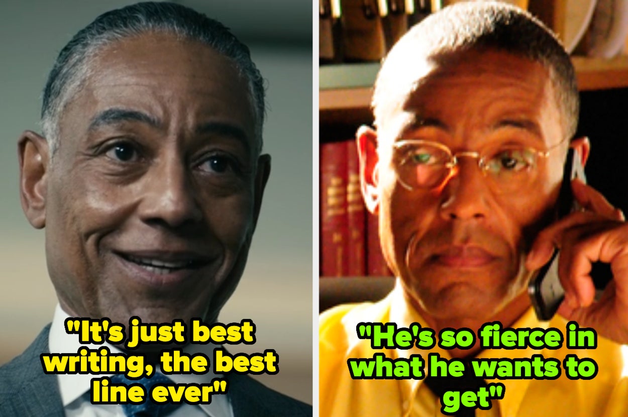 Split screen of Gustavo Fring from Breaking Bad smiling and talking on phone in serious demeanor