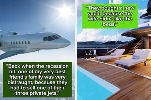 Private jet next to luxury yacht with quotes on wealth displayed