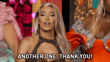 Woman in a glamorous outfit with text &quot;ANOTHER ONE, THANK YOU!&quot;