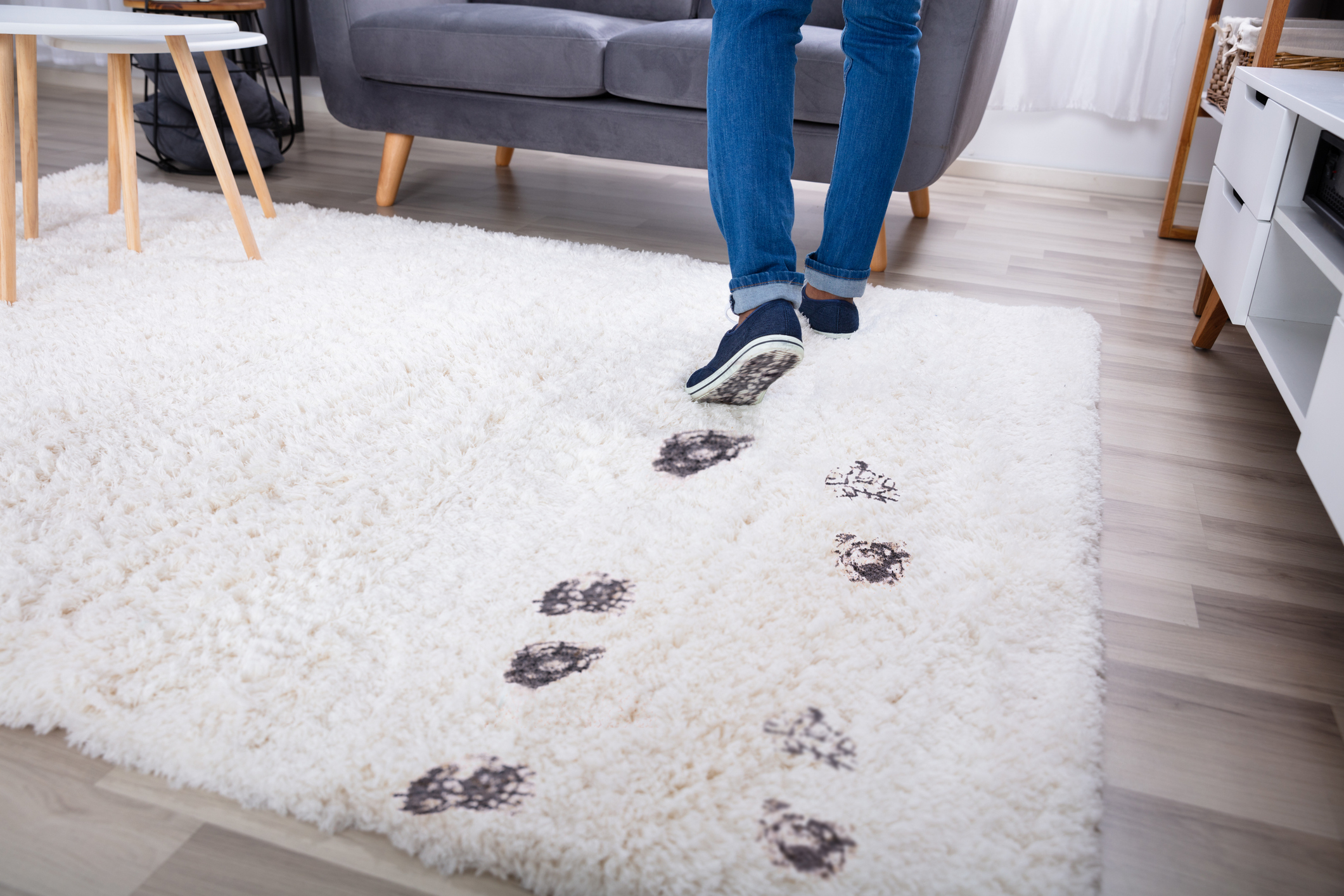 Person stepping on a white rug with muddy paw prints, in a home setting