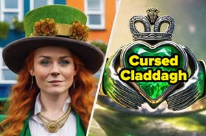 Leprechaun in festive attire with hat; graphic of a heart-shaped emblem with "Cursed Claddagh" text